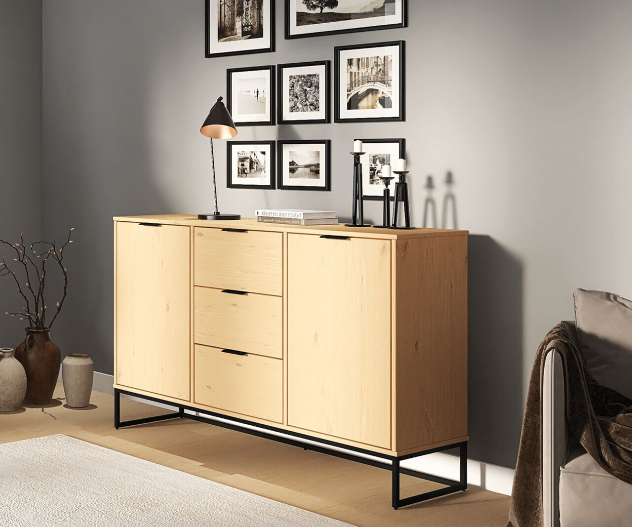 Comoda Vivo 2T3S, Inter Link, 150x45x80 cm, lemn, stejar/negru - imagine 7